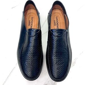 Luodeng Lang‎ Black Leather Slip-On Loafers with Perforated Design 12"